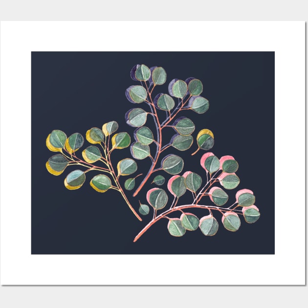 Simple Silver Dollar Eucalyptus Leaves on Navy Blue Wall Art by micklyn